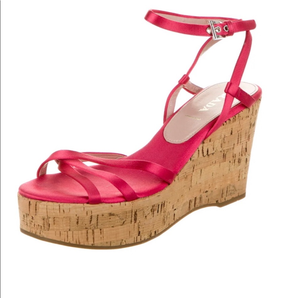 Like-New Prada Raso Satin Cork Wedge Sandal,8.5